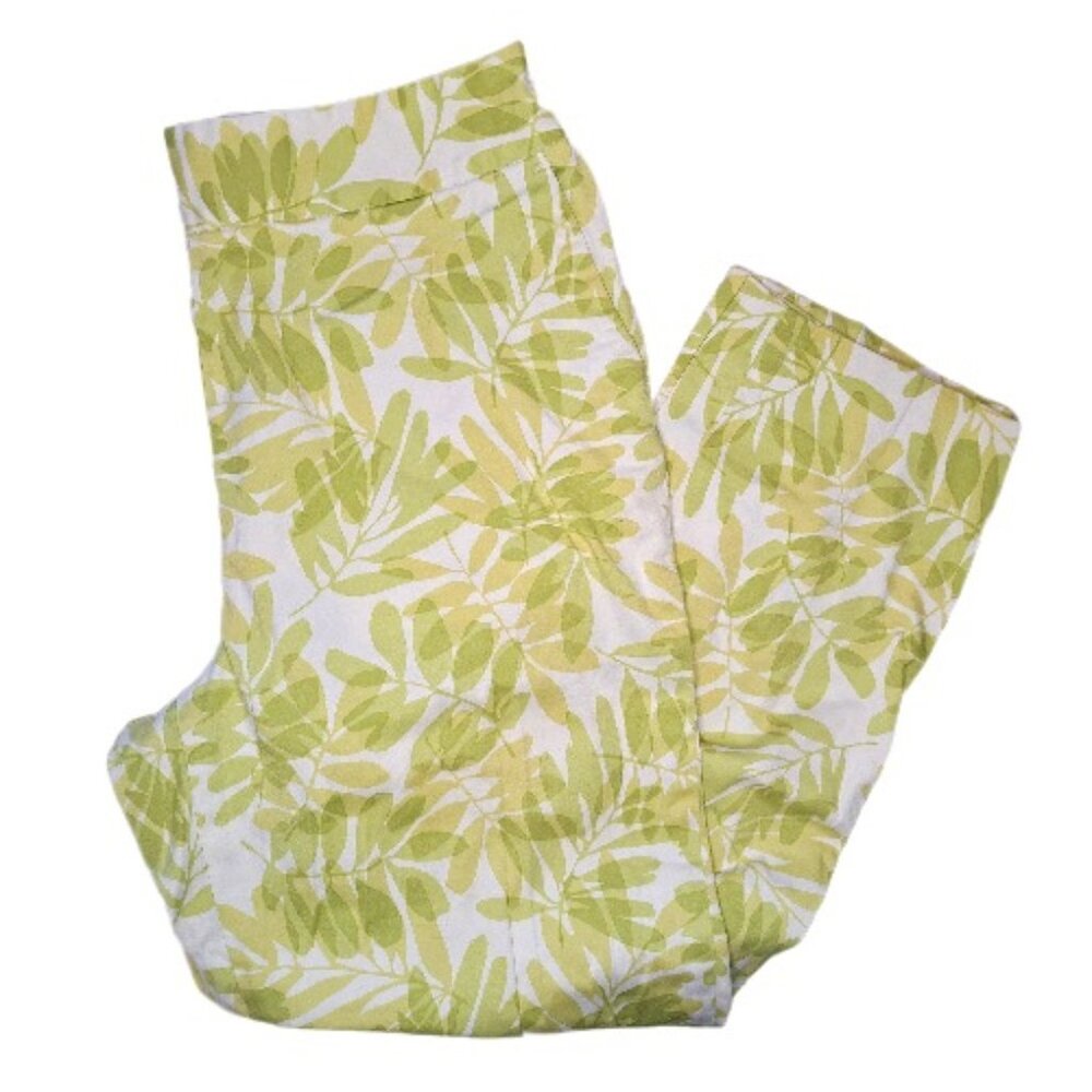 Kate Hill White Green Leaf Patterned Capri Pants with Side Zipper Size 8